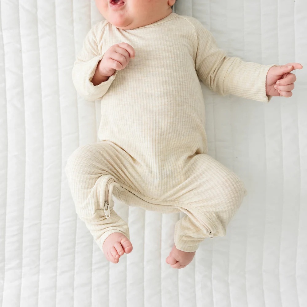 Gently used, retired style! Little Sleepies Crescent Zippy. Heather Oatmeal. 0-3